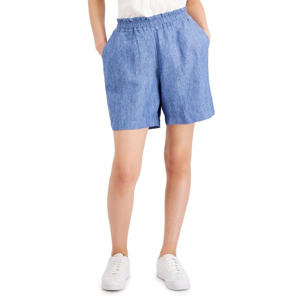 Charter Club Women's Size Large 100% Linen Pull-On Shorts in Blue PM165AFA